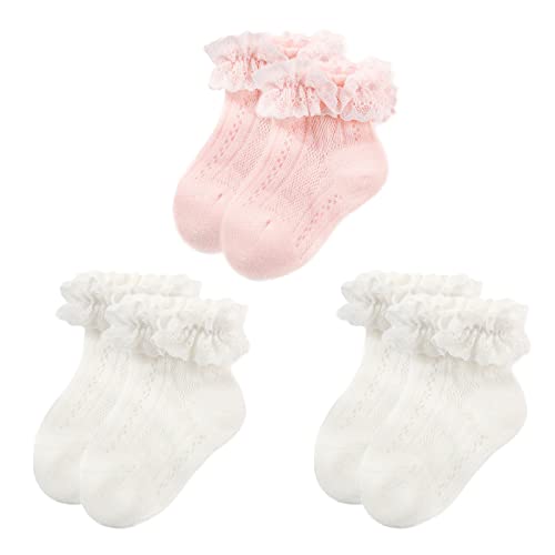 Alileo 3 Paare Baby Mädchen Socken mit Rüschen Babysocken Kindersocken Baumwolle Spitze Socken Taufe Socken Kleid Prinzessin Söckchen für Baby Kinder Mädchen, Weiß+Rosa - A, 0-12 Monate von Alileo