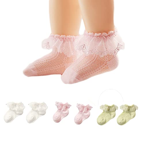 Alileo 3 Paare Baby Mädchen Socken mit Rüschen Babysocken Kindersocken Baumwolle Spitze Socken Taufe Socken Kleid Prinzessin Söckchen für Baby Kinder Mädchen von Alileo