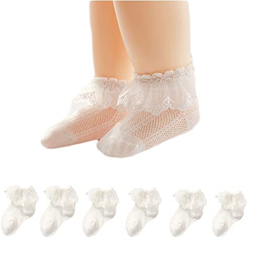 Alileo 3 Paare Baby Mädchen Socken mit Rüschen Babysocken Kindersocken Baumwolle Spitze Socken Taufe Socken Kleid Prinzessin Söckchen für Baby Kinder Mädchen, 0-12 Monate, Weiß - B von Alileo