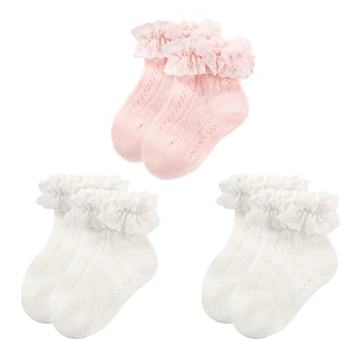 Alileo 3 Paare Baby Mädchen Socken mit Rüschen Spitze Babysocken Kindersocken Baumwolle Taufe Socken Prinzessin Söckchen für Baby Kinder Mädchen, Weiß+Rosa, 1-3 Jahre von Alileo