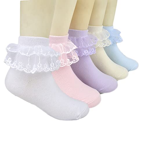 Alileo 5 Paar Kinder Socken Romantic Lace Baumwolle Mädchen Sneaker Söckchen mit Rüschen Spitze für 1-15 Jahre Baby und Kinder Mädchen von Alileo