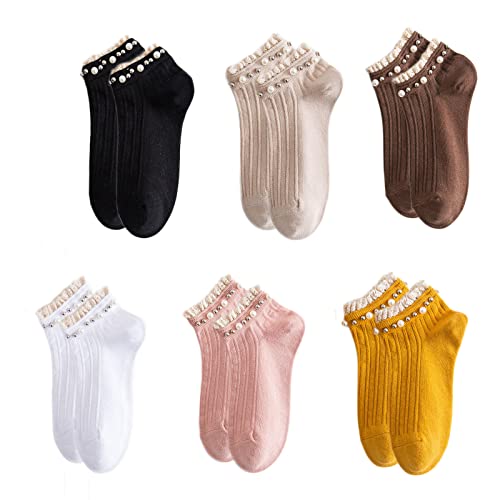 Alileo 6 Paar I Sneaker Socken Damen Baumwolle 35-39 Kurzsocken Sportsocken mit Rüschen Spitze und Perle I Kleid Knöchel Socken für Frauen Mädchen von Alileo