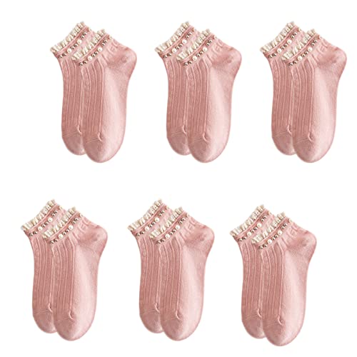 Alileo 6 Paar I Sneaker Socken Damen Baumwolle 35-39 Kurzsocken Sportsocken mit Rüschen Spitze und Perle I Kleid Knöchel Socken für Frauen Mädchen, Rosa von Alileo