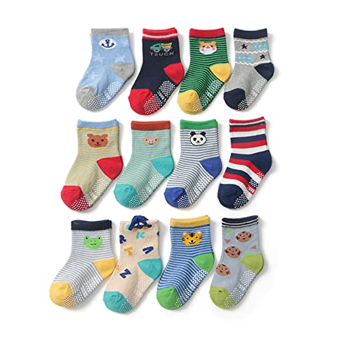 Alileo Kinder Baby Stopper Socken Baumwolle 12 Paar Rutschfeste Kleinkind Socken für 0-5 Jahre Jungen Mädchen Kinder Anti Rutsch Socken von Alileo