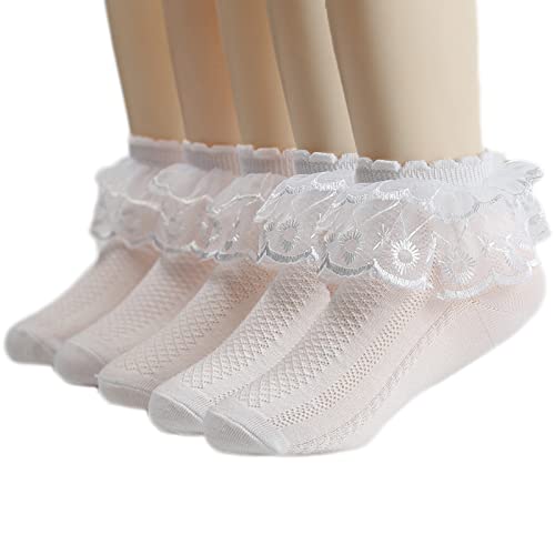 Aliles Kinder Mädchen Socken Romantic Lace Baumwolle Weiß Princess Socken mit Rüschen Spitze Kindersocken Atmungsaktiv dünn für Damen Mädchen,5 Paar, 6-9 Jahre von Aliles