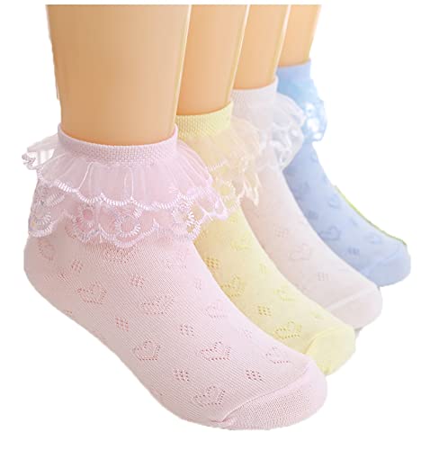 Aliles Mädchen Kinder Socken Romantic Lace Baumwolle Kinder rosa blau Weiß Socken mit Rüschen Spitze Kindersocken Atmungsaktiv dünn 4 Paar von Aliles