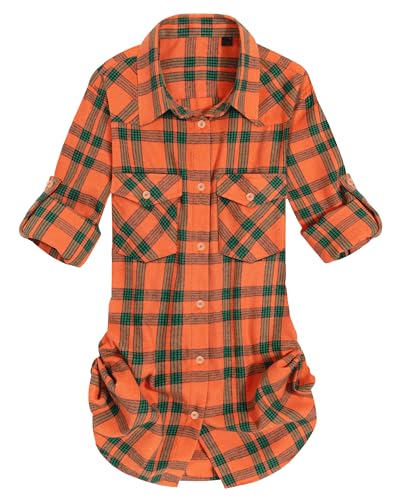 Alimens & Gentle Damen Flanell Plaid Shirt Langarm Roll Up Button Down Casual Shirts, Karo-Orange & Grün, XX-Large von Alimens & Gentle