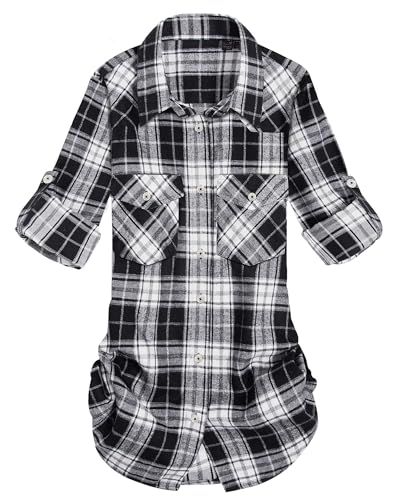 Alimens & Gentle Damen Flanell Plaid Shirt Langarm Roll Up Button Down Casual Shirts, Plaid-Schwarz & Grau & Weiß, XX-Large von Alimens & Gentle