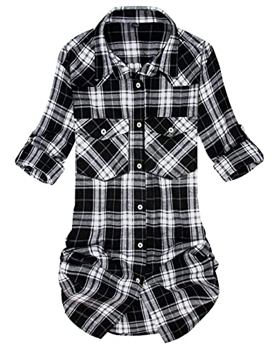 Alimens & Gentle Flanellhemden für Damen, kariert, langärmelig, aufrollbar, lässig, mit Knopfleiste, Schwarz Weiß, 3X-Groß von Alimens & Gentle