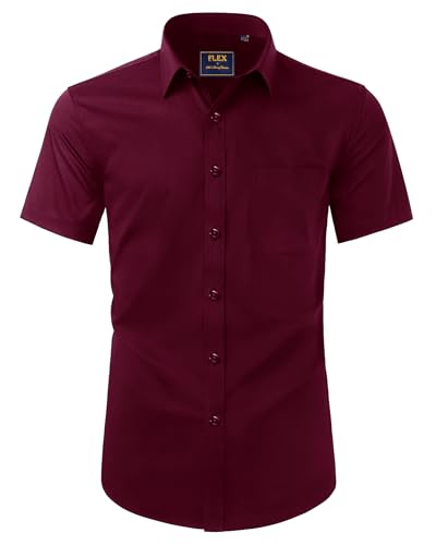 Alimens & Gentle Hemd Herren Kurzarm Faltenfrei Business Regular Fit Freizeithemden Sommer Strand Tshirt mit Tasche Burgunderrot 2XL von Alimens & Gentle
