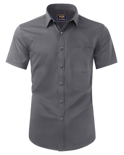 Alimens & Gentle Hemd Herren Kurzarm Faltenfrei Business Regular Fit Freizeithemden Sommer Strand Tshirt mit Tasche Dunkelgrau 2XL von Alimens & Gentle