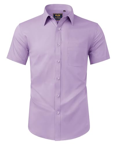 Alimens & Gentle Hemd Herren Kurzarm Faltenfrei Business Regular Fit Freizeithemden Sommer Strand Tshirt mit Tasche Hellviolett XL von Alimens & Gentle