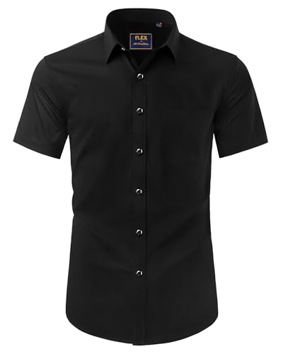 Alimens & Gentle Hemd Herren Kurzarm Faltenfrei Business Regular Fit Freizeithemden Sommer Strand Tshirt mit Tasche Schwarz XL von Alimens & Gentle