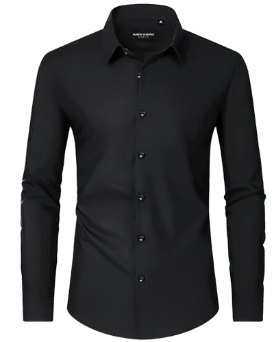Alimens & Gentle Hemd Herren Langarm Männer Stretch Freizeithemden Hochzeit Dating Business Lässig Button Down Hemden Schwarz 2XL von Alimens & Gentle