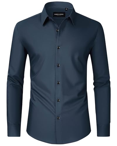 Alimens & Gentle Hemd Herren Langarm Männer Stretch Freizeithemden Hochzeit Dating Business Lässig Button Down Hemden Navy 2XL von Alimens & Gentle