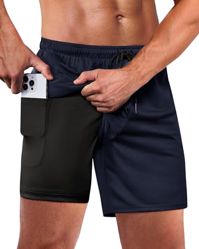 Alimens & Gentle Herren 2 in 1 Laufshorts Workout Athletic Training Gym Outdoor Sportshorts mit Handytaschen Dunkelblau S von Alimens & Gentle