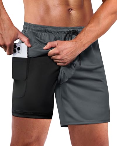 Alimens & Gentle Herren 2 in 1 Laufshorts Workout Athletic Training Gym Outdoor Sportshorts mit Handytaschen Grau 2XL von Alimens & Gentle