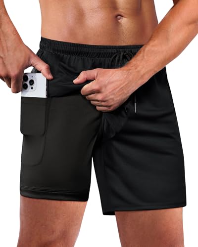 Alimens & Gentle Herren 2 in 1 Laufshorts Workout Athletic Training Gym Outdoor Sportshorts mit Handytaschen Schwarz S von Alimens & Gentle
