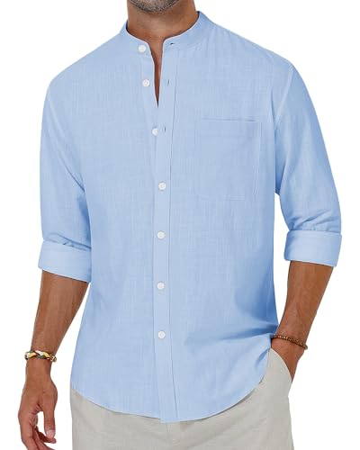 Alimens & Gentle Herren Baumwolle Leinen Hemden Langarm Button Down Hemd Band Kragen Strand Hemden, Blau (Cool Blue), 5X-Groß von Alimens & Gentle