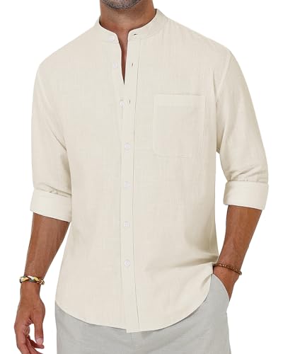 Alimens & Gentle Herren Baumwolle Leinen Hemden Langarm Button Down Hemd Band Kragen Strand Hemden, Cremefarben/Weiß, 5X-Groß von Alimens & Gentle