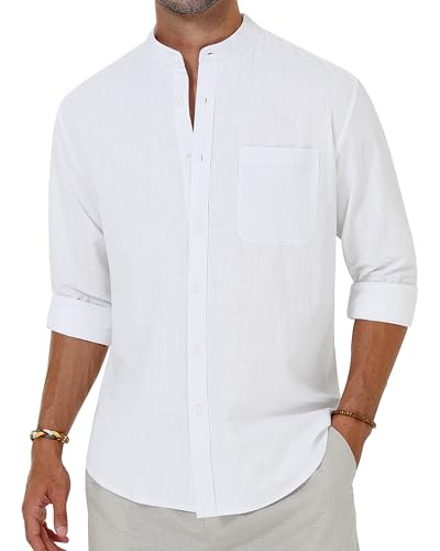 Alimens & Gentle Herren Baumwolle Leinen Hemden Langarm Button Down Hemd Band Kragen Strand Hemden, Farbe: Weiß, XL von Alimens & Gentle