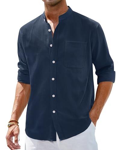 Alimens & Gentle Herren Baumwolle Leinen Hemden Langarm Button Down Hemd Band Kragen Strand Hemden, Marineblau, L von Alimens & Gentle