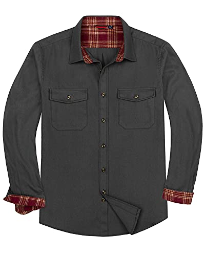 Alimens & Gentle Herren Button Down Regular Fit Langarm Plaid Flanell Freizeithemden, Flanell-Dunkelgrau, Large Hoch von Alimens & Gentle