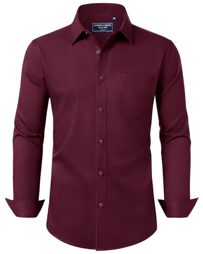 Alimens & Gentle Herren Hemd Langarm Business Unifarben Tasche Shirt Hemden Regular Fit Bügelleichtes Burgunderrot XL von Alimens & Gentle