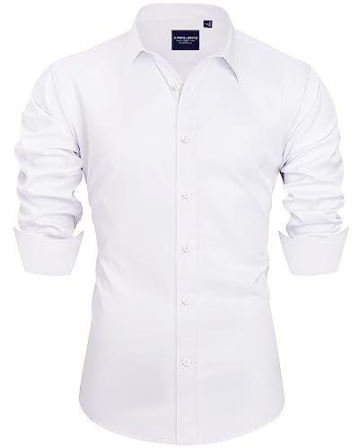 Alimens & Gentle Herren Hemden Slim Fit Langarm Stretch Faltenfrei Solide Business Formal Casual Button Down Hemd Weiß, Weiss/opulenter Garten, L von Alimens & Gentle