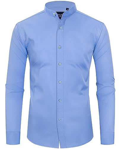 Alimens & Gentle Herren Hemden mit gebändertem Kragen knitterfrei Langarm Mandarinenkragen Button Down Shirt, Blau, Klein von Alimens & Gentle