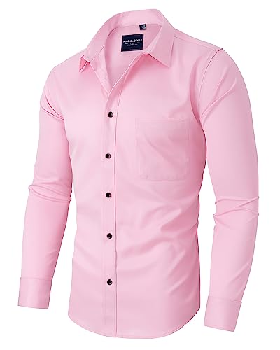 Alimens & Gentle Herren Kleid Hemden Solid Langarm Stretch Faltenfrei Button Down Hemd mit Tasche, Kontrast-Knopf-rosa, 4X-Groß von Alimens & Gentle