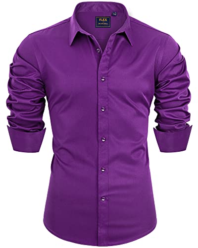 Alimens & Gentle Herren Kleid Hemden Solid Langarm Stretch Faltenfrei Formal Button Down Shirt mit Tasche, No Pocket-dark Purple, XL von Alimens & Gentle