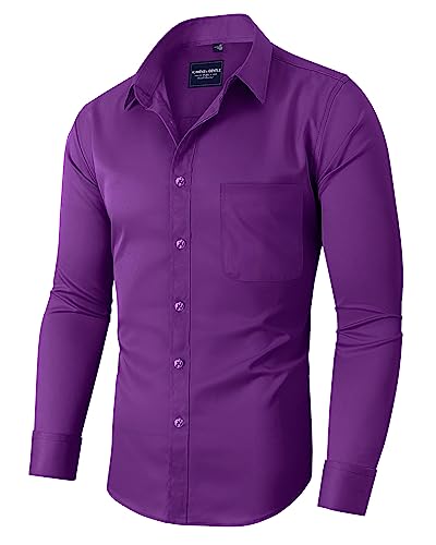 Alimens & Gentle Herren Kleid Shirts Langarm Faltenfrei Stretch Shirts Solid Formal Button Down Shirt mit Tasche, Ag-a-dark Lila, Klein von Alimens & Gentle