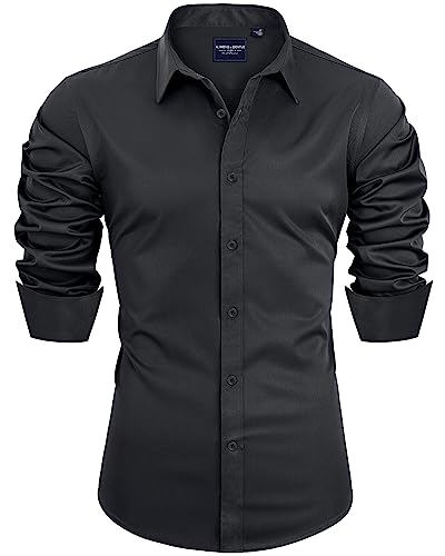 Alimens & Gentle Herren Kleid Shirts Langarm Solid Stretch Faltenfest Formal Shirt Business Button Down Shirt, Schwarz, Mittel von Alimens & Gentle