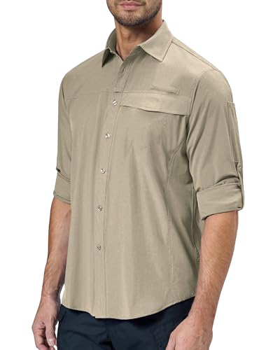 Alimens & Gentle Herren Langarm-Wander-Shirt, schnell trocknend, UPF 50+, UV-Sonnenschutz, Angelhemd, kühlendes Knopfleiste, Hemd, A-light Khaki, 3X-Groß von Alimens & Gentle