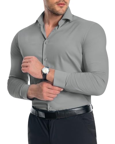 Alimens & Gentle Herren Muscle Fit Dress Shirts Stretch Slim Fit Langarm Faltenfrei Button Down Shirts, Leise Grau, Mittel von Alimens & Gentle