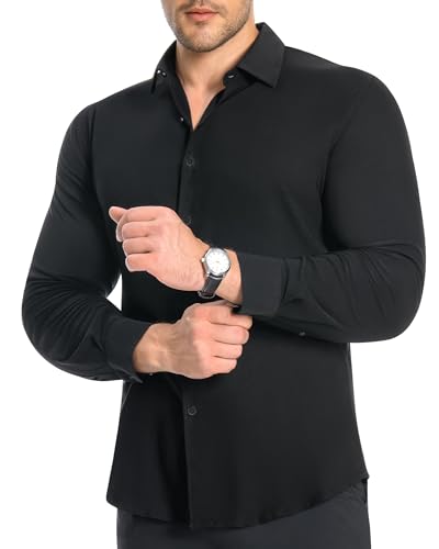 Alimens & Gentle Herren Muscle Fit Dress Shirts Stretch Slim Fit Langarm Faltenfrei Button Down Shirts, Schwarz, Klein von Alimens & Gentle