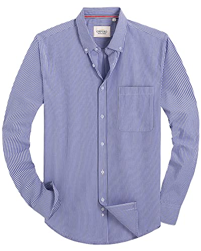 Alimens & Gentle Herren Solid Oxford Shirt Langarm Button Down Shirts mit Tasche, Marineblau gestreift, L von Alimens & Gentle