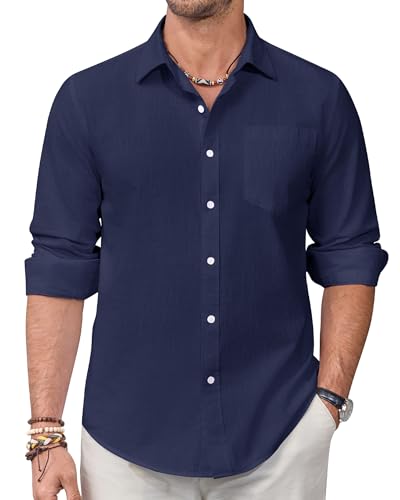 Alimens & Gentle Leinenhemd Herren Langarm Hemd Männer Baumwolle Leinen Shirt Regular Fit Freizeithemden Sommer Strand Tshirt von Alimens & Gentle