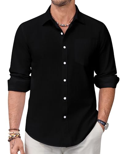 Alimens & Gentle Leinenhemd Herren Langarm Hemd Männer Baumwolle Leinen Shirt Regular Fit Freizeithemden Sommer Strand Tshirt von Alimens & Gentle