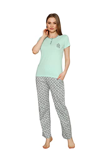 Alimer 2531 Damen Zweiteiliger Schlafanzug Baumwolle Pyjama 2-TLG Set Sleepwear Nachtwäsch Freizeitanzug (Minze (2531), XL) von Alimer