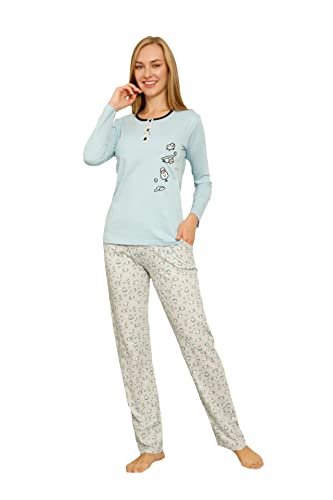 Alimer 2555 Damen Schlafanzüg Baumwolle Pyjama Set Zweiteiliger Hausanzug Sleepwear Damenpyjama Set Langarm Nachtwäsch Freizeitanzug (Hellblau/Grau (2604), L) von Alimer