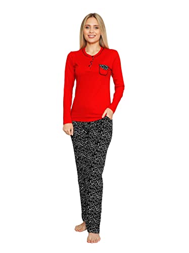 Alimer 2555 Damen Schlafanzüg Baumwolle Pyjama Set Zweiteiliger Hausanzug Sleepwear Damenpyjama Set Langarm Nachtwäsch Freizeitanzug (Rot/Schwarz (2544), L) von Alimer