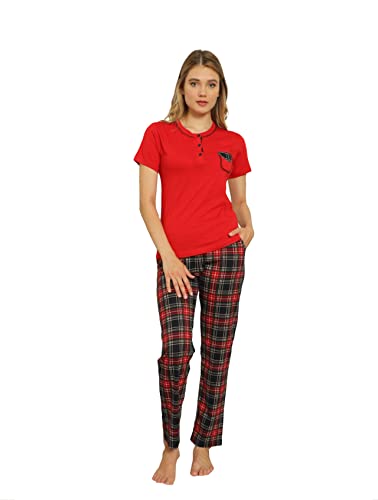 Alimer 2555 Damen Schlafanzüg Baumwolle Pyjama Set Zweiteiliger Hausanzug Sleepwear Damenpyjama Set Langarm Nachtwäsch Freizeitanzug (Rot/Schwarz (2556), M) von Alimer