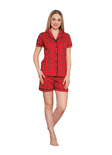 Alimer 2563 Schlafanzug Damen Kurz Baumwolle Hausanzug Pyjama Set Sleepwear Rot Kariert (XXL, Rot Kariert (2563)) von Alimer