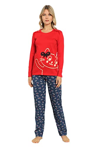 Alimer Damen Schlafanzug Baumwolle Pyjama Set Zweiteiliger Hausanzug Sleepwear Damenpyjama Set Langarm Nachtwäsche Freizeitanzug, Rot/Blau (2602), XL von Alimer