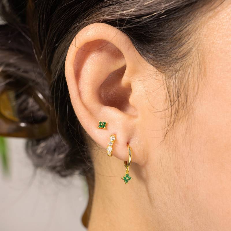 Emerald Cz Flower Earring Set, Green Gemstone Drop Hoop Earrings, Tiny Stud Earrings, Small Earrings, Stacking Earrings By Alina von AlinaChicJewelry