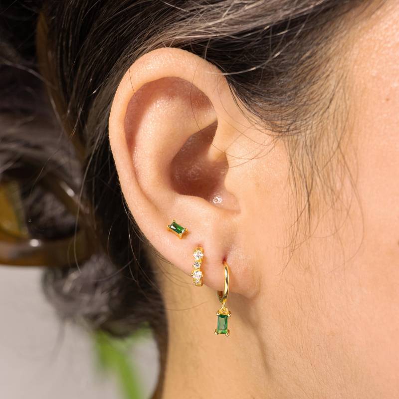 Emerald Dangle Earring Set, Baguette Gemstone Hoop Earrings, Green Birthstone Stud Earrings, Small Cz Earrings, Stacking Earrings von AlinaChicJewelry