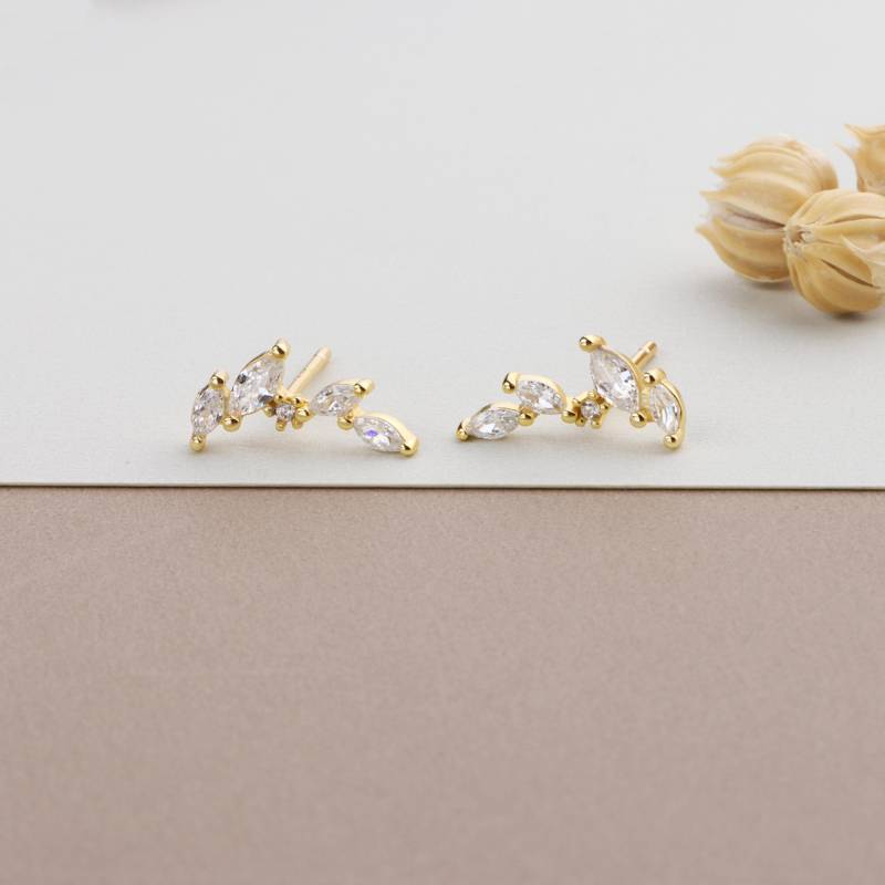 Leaf Climber Earrings, Curved Cz Bar Stud Earrings, Olive Branch Earrings, Climber Cz Earrings By Alina, Leaf Crystal Earrings, Gift For Her von AlinaChicJewelry