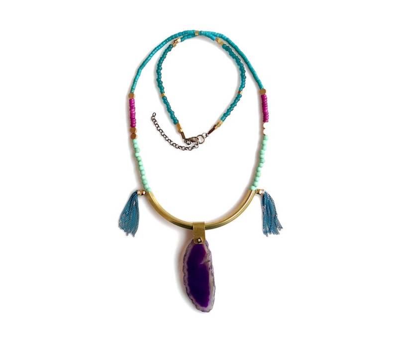 Lila Achat Geode Kette Perlen Quaste Boho Statement Kette von AlinaandT